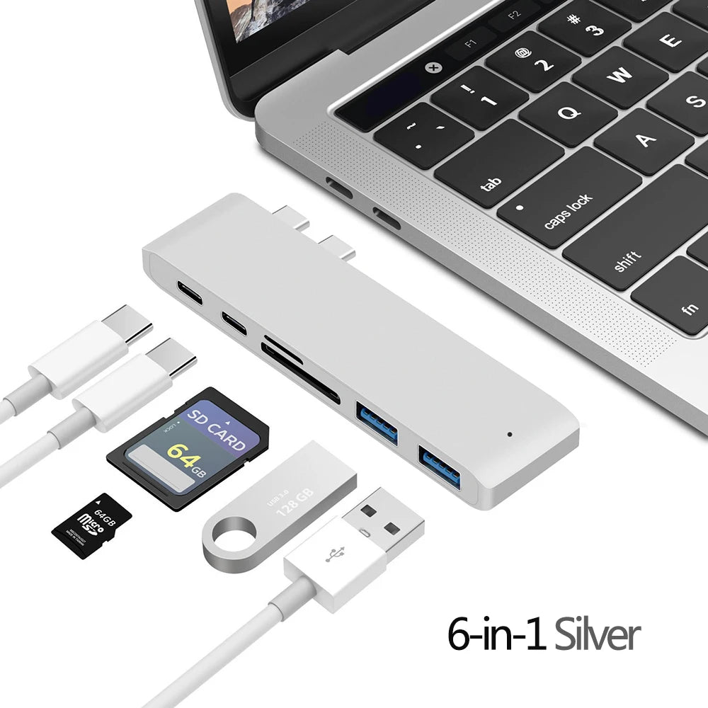 USB 3.1 Type-C hub with HDMI adapter, 4K Thunderbolt 3, USB 3.0 ports, TF/SD card readers, and power delivery for MacBook Air Pro models with M1, M2, and M3 chips.