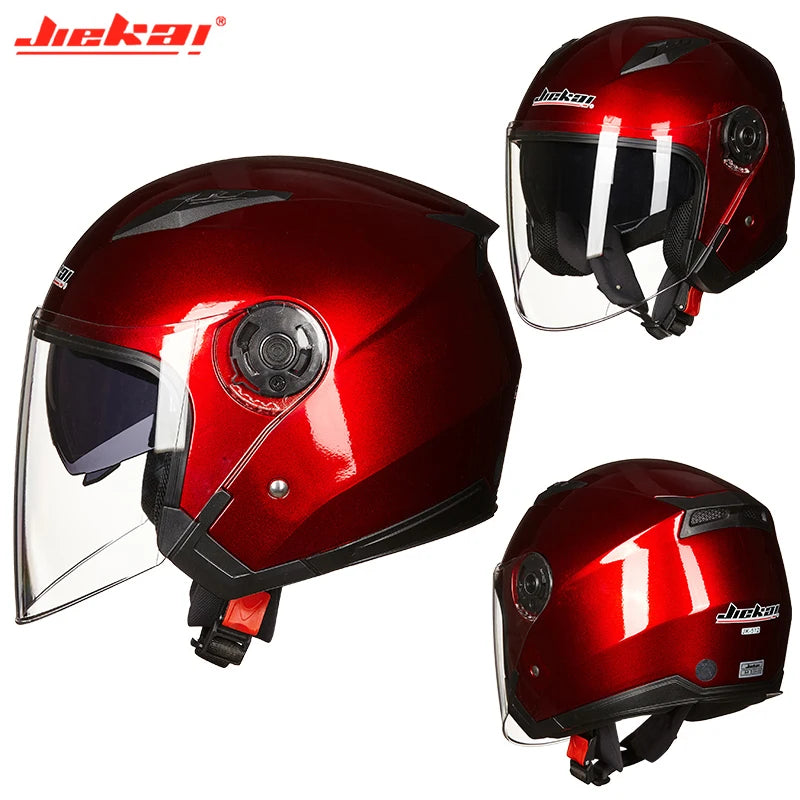 Sleek and stylish red motorcycle half helmet with dual lenses and a glossy finish, perfect for scooter or motocross riding.