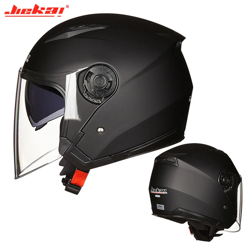 Sleek and modern matte black motorcycle half helmet with dual lens visor. The helmet features the Jiekai brand logo prominently displayed, indicating this is a high-quality protective gear for motorcycle or scooter riders. The helmet's design appears to prioritize safety and aerodynamics, making it a suitable choice for those seeking a stylish yet functional riding accessory.