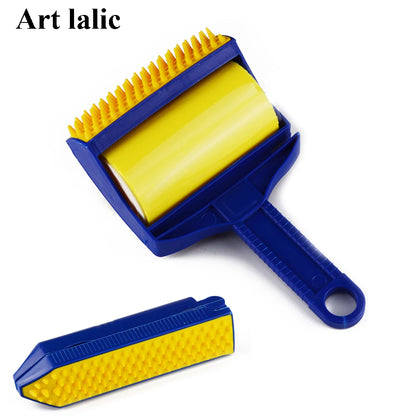 Reusable lint roller and brush set in vibrant blue and yellow colors, designed to effectively remove pet hair, lint, and debris from clothing, carpets, and furniture.