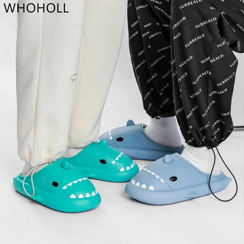 Cozy cartoon shark slippers for kids and adults - indoor waterproof plush slippers with thick bottoms, available in fun turquoise and blue shades.