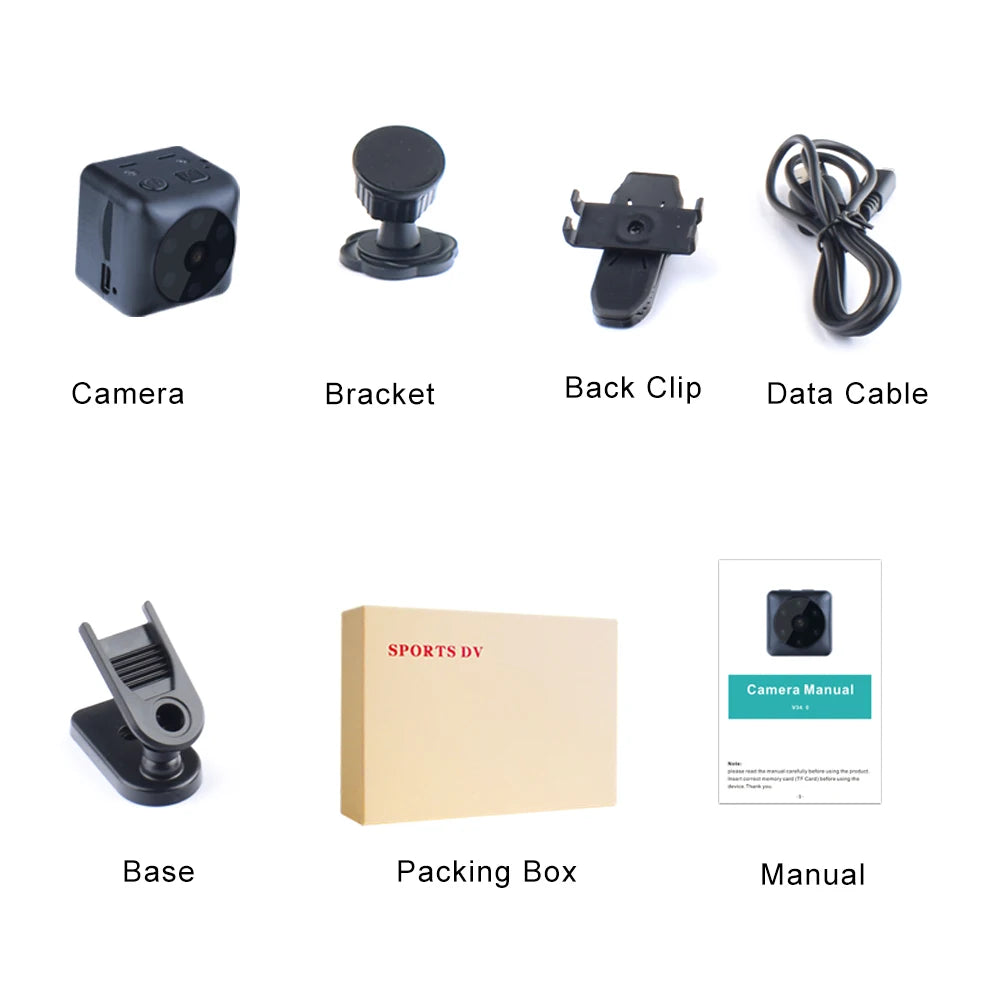 Compact HD video camera with infrared night vision, sports clip, and accessories included in the box. The image shows the camera unit, mounting bracket, back clip, data cable, base stand, packing box, and instruction manual.