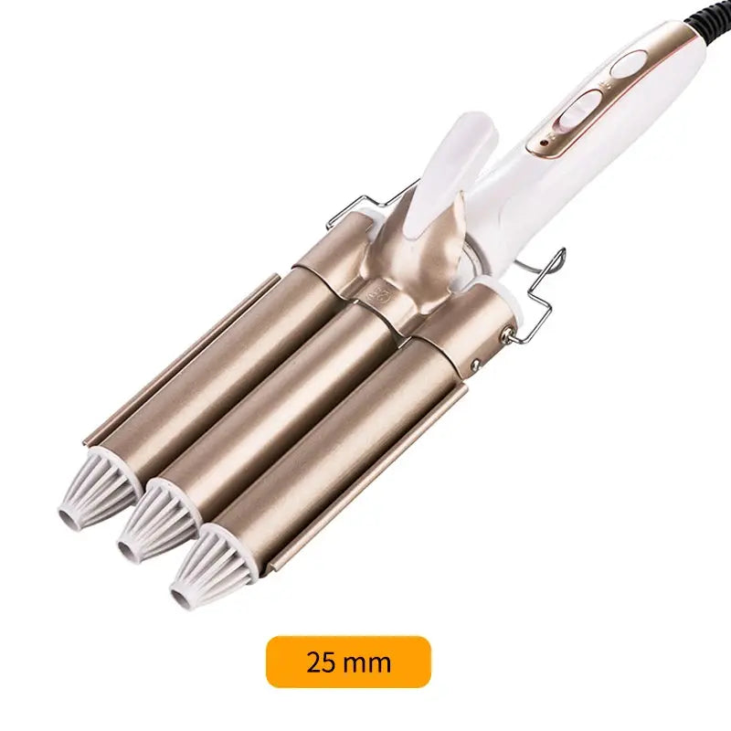Professional triple-barreled electric hair curler with gold-colored metal barrels for styling long, thick hair. The curling tool features an adjustable temperature range and multiple heat settings for versatile hair curling and waving.