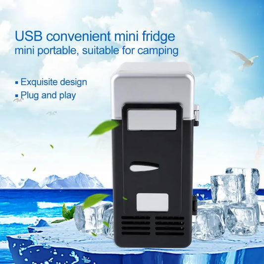 Compact USB mini fridge, portable cooling device for office or camping, sleek design and easy plug-and-play setup.