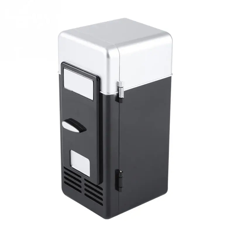Portable Mini USB Fridge: Compact cooler and warmer with sleek black and silver design, ideal for keeping beverages and snacks at the desired temperature in the home, office, or on-the-go.