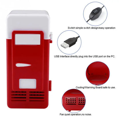 Portable mini USB fridge with red and white design, cooling and warming capabilities, USB interface, and simple switch operation for convenient home or office use.