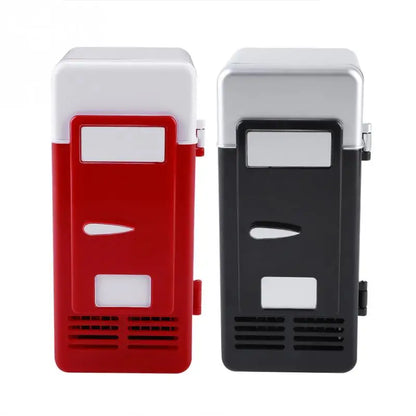 Compact mini refrigerators in red and black colors, designed for storing and cooling drinks or small items in home or office settings.