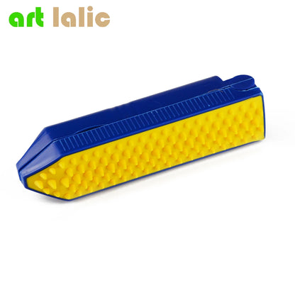 Reusable sticky lint roller with blue and yellow design for removing pet hair and fuzz from clothing, furniture and carpets.