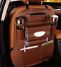 Leather car seat organizer bag with multiple storage compartments and pockets for convenient in-car organization