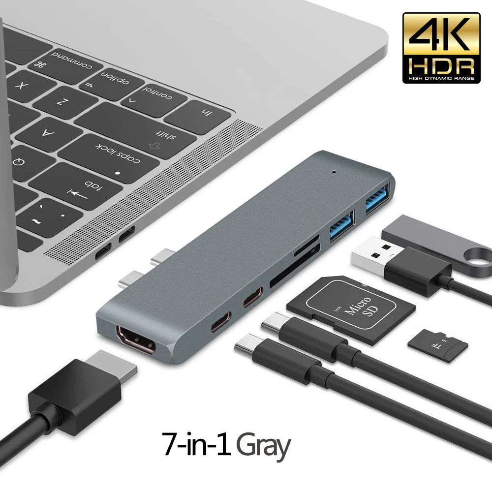 7-in-1 Gray USB-C Hub with 4K HDMI, USB 3.0, SD/TF Card Slots for MacBook Air/Pro with M1/M2/M3 Chips