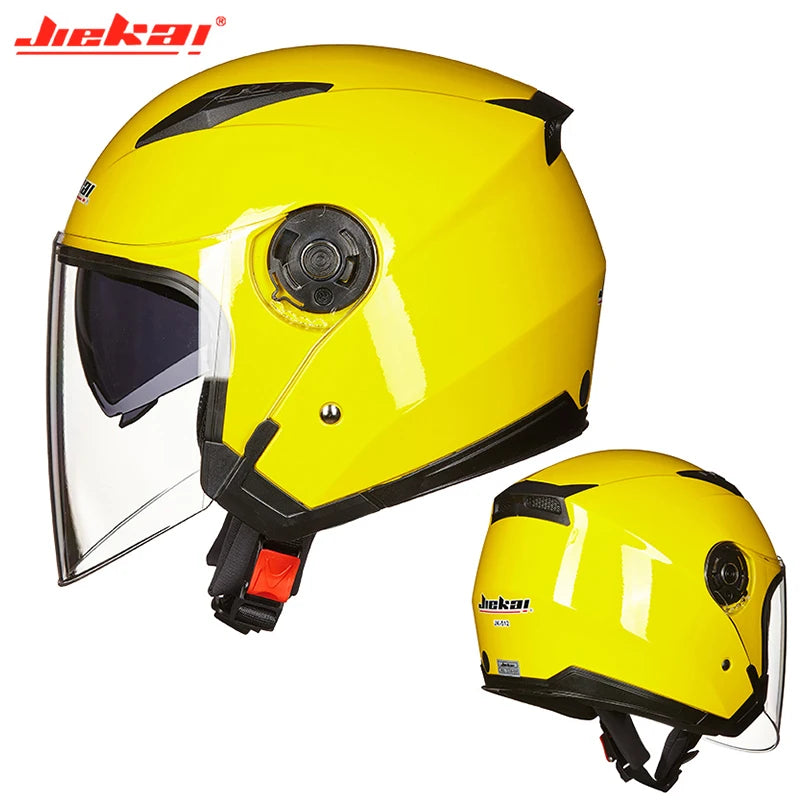 Bright yellow motorcycle helmet with dual visor lenses, suitable for scooters and motorbikes. The Jiekai brand name is prominently displayed on the helmet, indicating this is a product from their line of motorcycle safety gear.