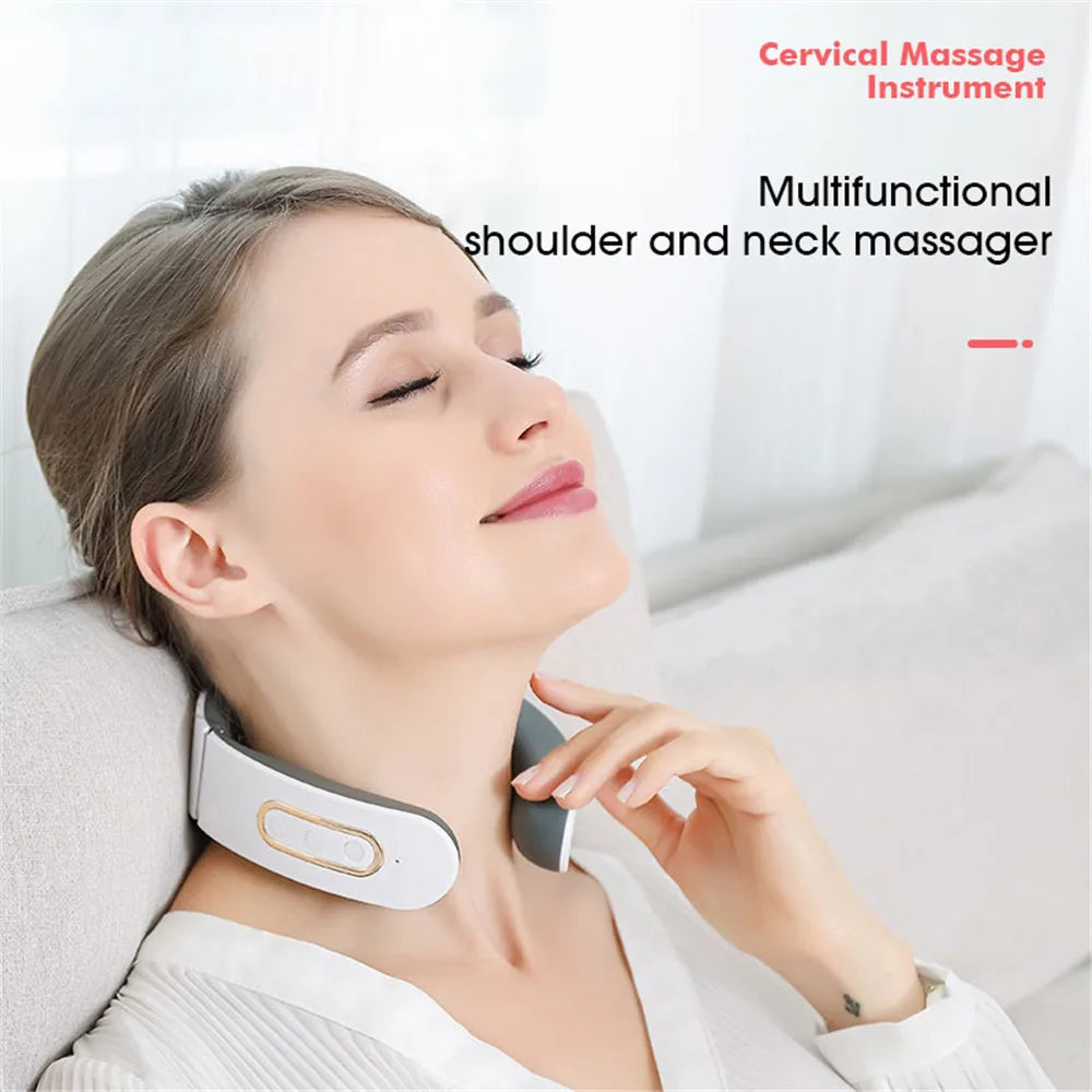 Portable Electric Neck Massager Pulse Back 6 Modes Voice broadcast Heating Pain Relief Neck  Kneading Massager - naiveniche