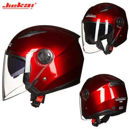 Burgundy red motorcycle helmet with dual lens, featuring the Jiekai brand name and logo. The helmet appears to be designed for scooter or motorbike riding, providing both protection and visibility for the rider.