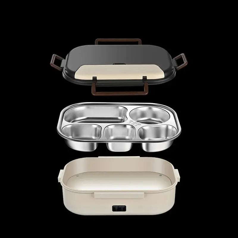 Stainless steel electric heated lunch box with compartments, handle, and beige exterior for home or car use.