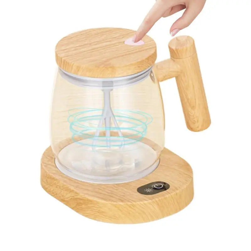 Portable electric self-stirring coffee mug with glass inner tank and wooden handle, ideal for office use.