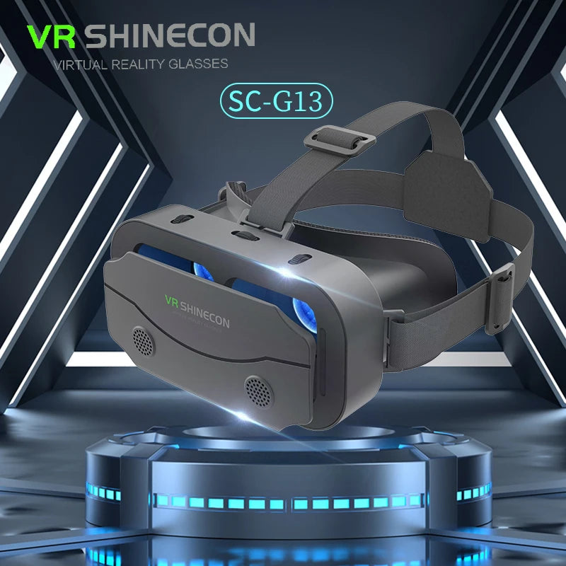 Virtual reality headset with 3D lenses and adjustable straps for immersive gaming experience on smartphones.