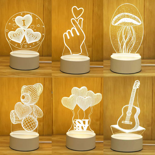 Romantic 3D LED lamps in various shapes and designs including hearts, hands, jellyfish, and a guitar, displayed on wooden shelves.