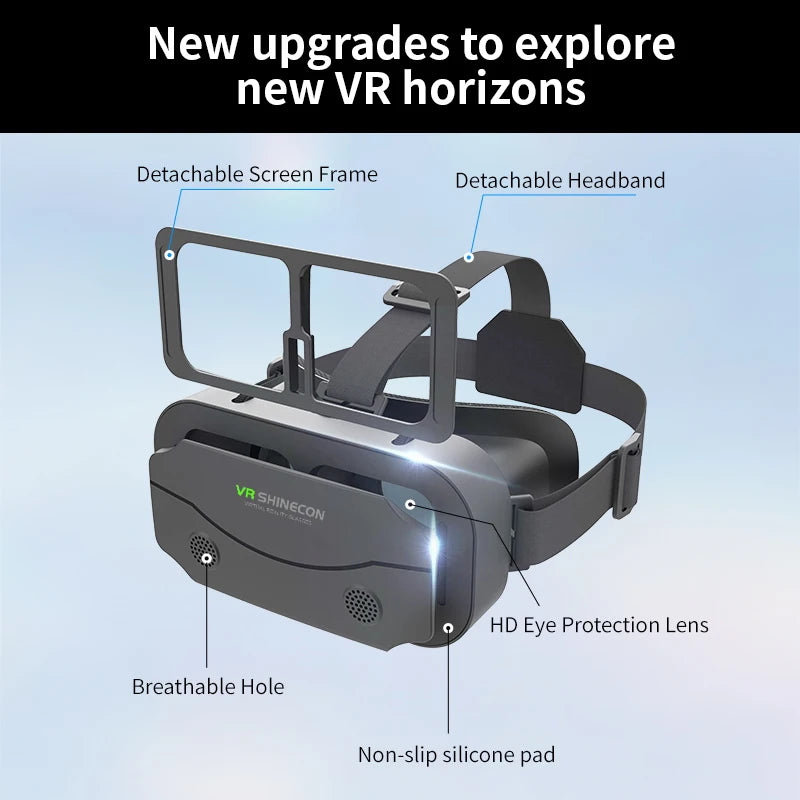 Virtual reality headset with detachable screen frame, detachable headband, HD eye protection lenses, breathable hole, and non-slip silicone pad for exploring new VR horizons.