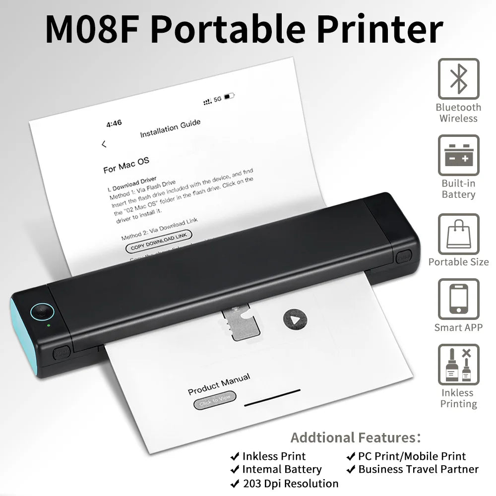 Sleek and portable A4 thermal printer with Bluetooth wireless connectivity, built-in battery, and smart app control for mobile and office use.