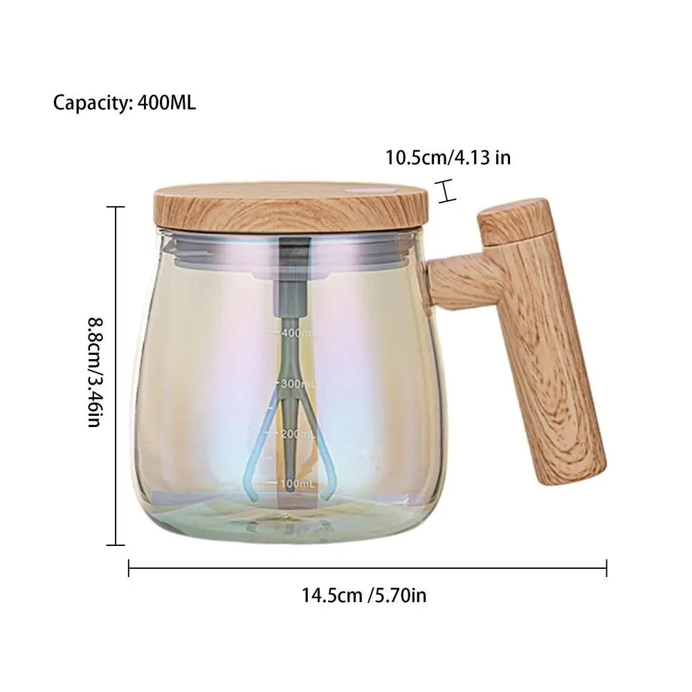 400ml Portable Electric Self Stirring Glass Coffee Mug with Wooden Lid and Base