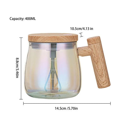 400ml Portable Electric Self Stirring Glass Coffee Mug with Wooden Lid and Base