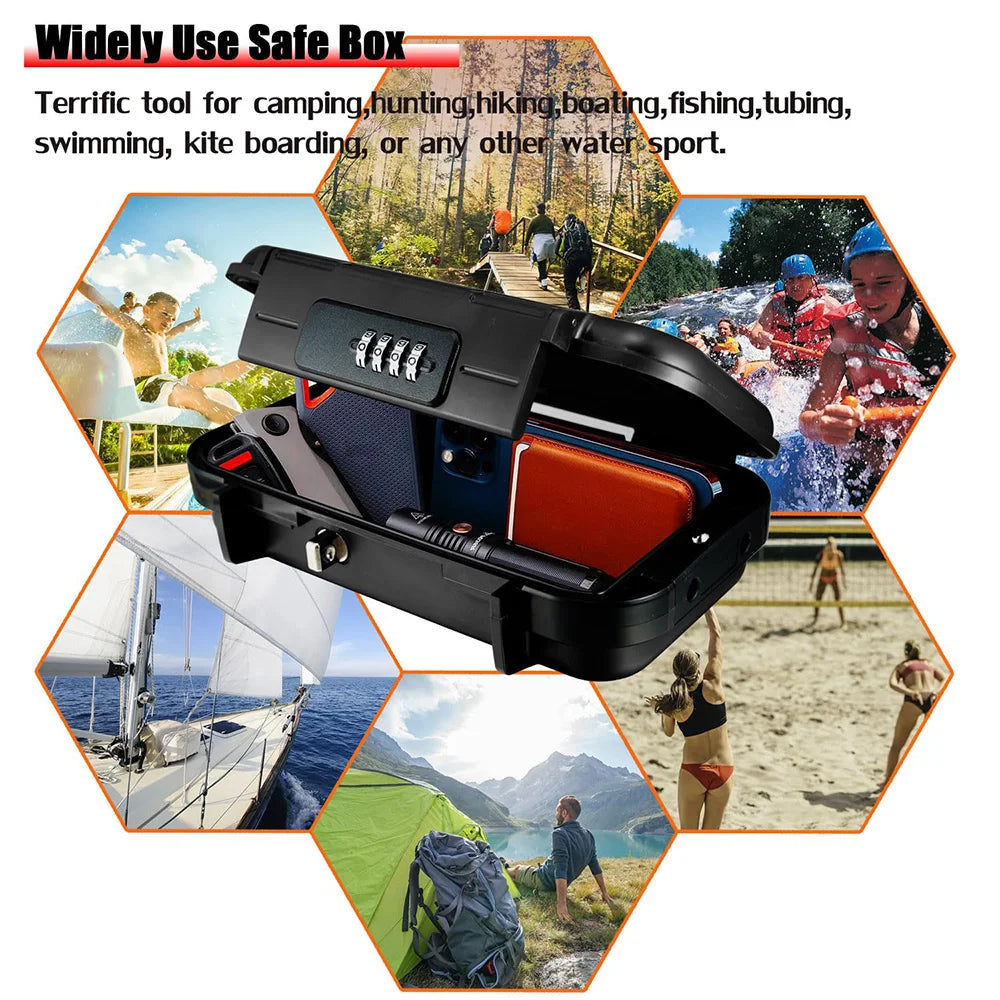 Portable Safe Box for Outdoor Adventures: Lockable storage box with removable cable for camping, hunting, fishing, water sports, and more.