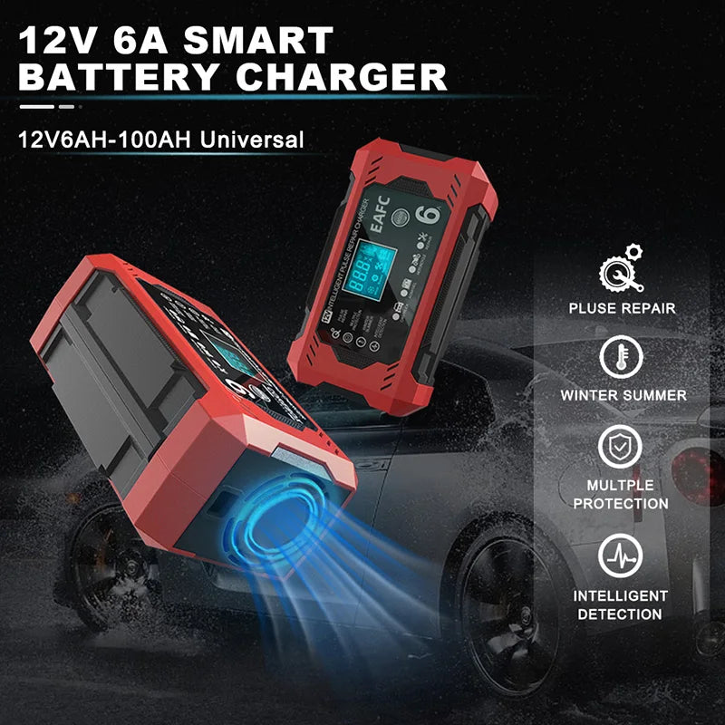12V 6A smart battery charger for car and motorcycle with LCD display, pluse repair, winter/summer modes, and multiple protection features.