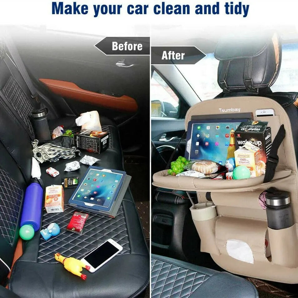 Car seat back organizer with foldable table tray and PU leather storage compartments to keep the car interior neat and organized.