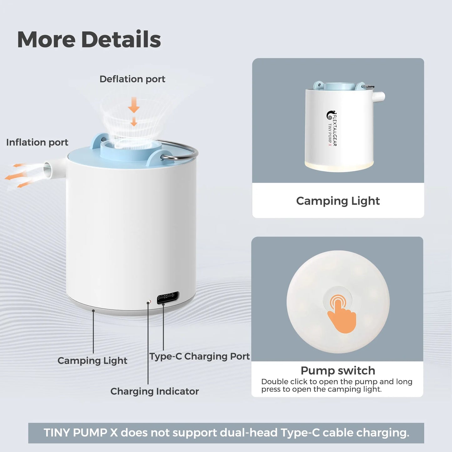 Compact white FLEXTAILGEAR Tiny Pump with inflation and deflation ports, camping light, USB-C charging port, and pump switch on a minimalistic background.