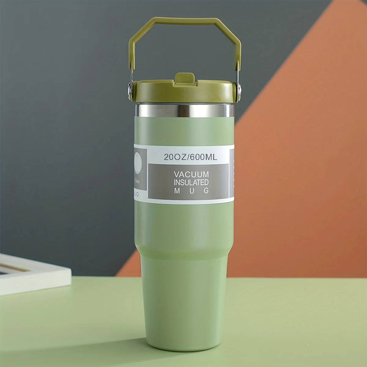 Vacuum insulated double-wall stainless steel cup with handle, portable water bottle in light green color