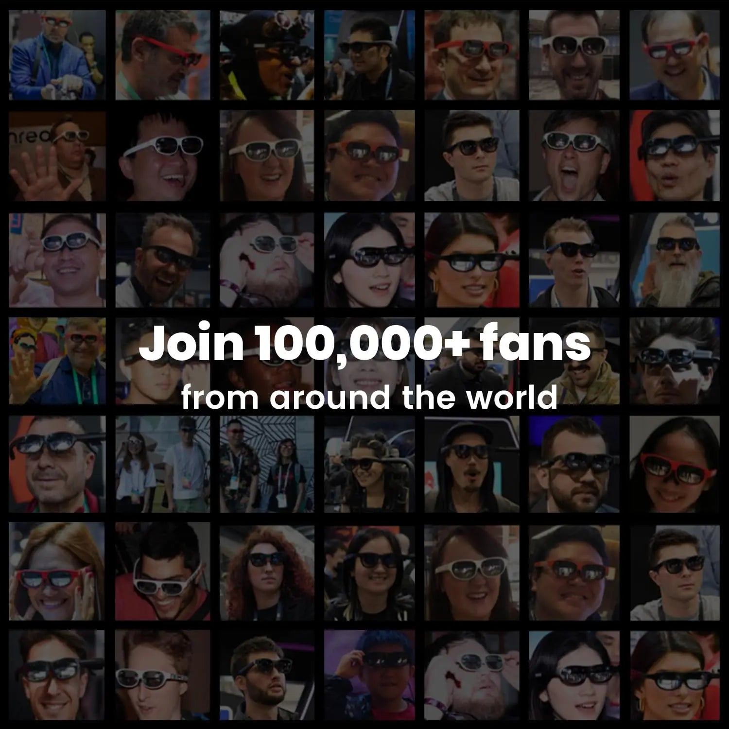 Collage of various people wearing sunglasses in a social media post inviting people to join 100,000+ fans from around the world.