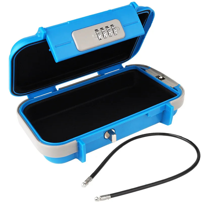 Portable security lockbox with removable cable and code lock. Compact blue and black metal safe box for secure storage while traveling.