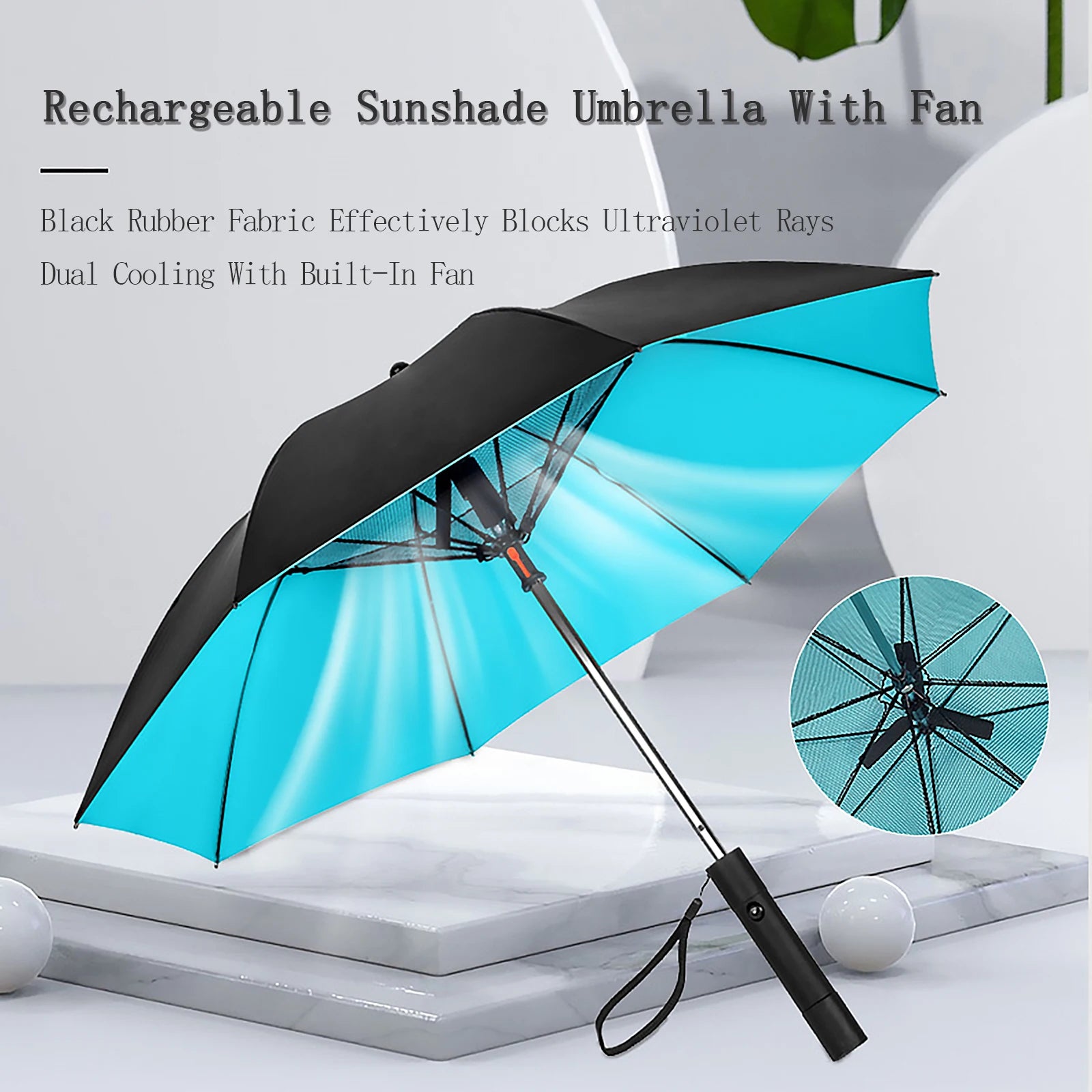 Rechargeable black and turquoise umbrella with built-in fan, UV protection, and dual cooling system for outdoor use.