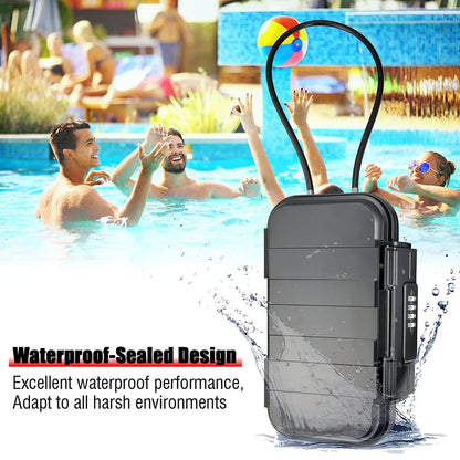 Portable Lockbox for Secure Travel Storage
This image depicts a waterproof, secure lockbox designed for travel. The lockbox features a code lock and removable cable handle, making it suitable for harsh environments. The product is shown in a poolside setting, highlighting its waterproof capabilities.