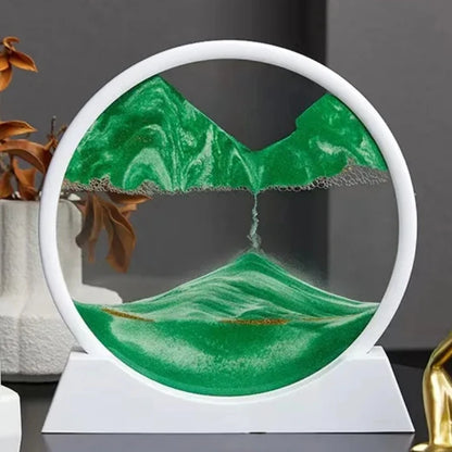 Captivating 3D green sand art landscape with flowing mountains and scenery in a circular glass frame, creating a tranquil and mesmerizing office or home decoration.