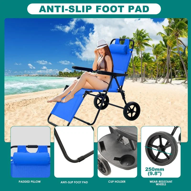 Folding Beach Cart with Adjustable Reclining Chair and Cooler Pouch