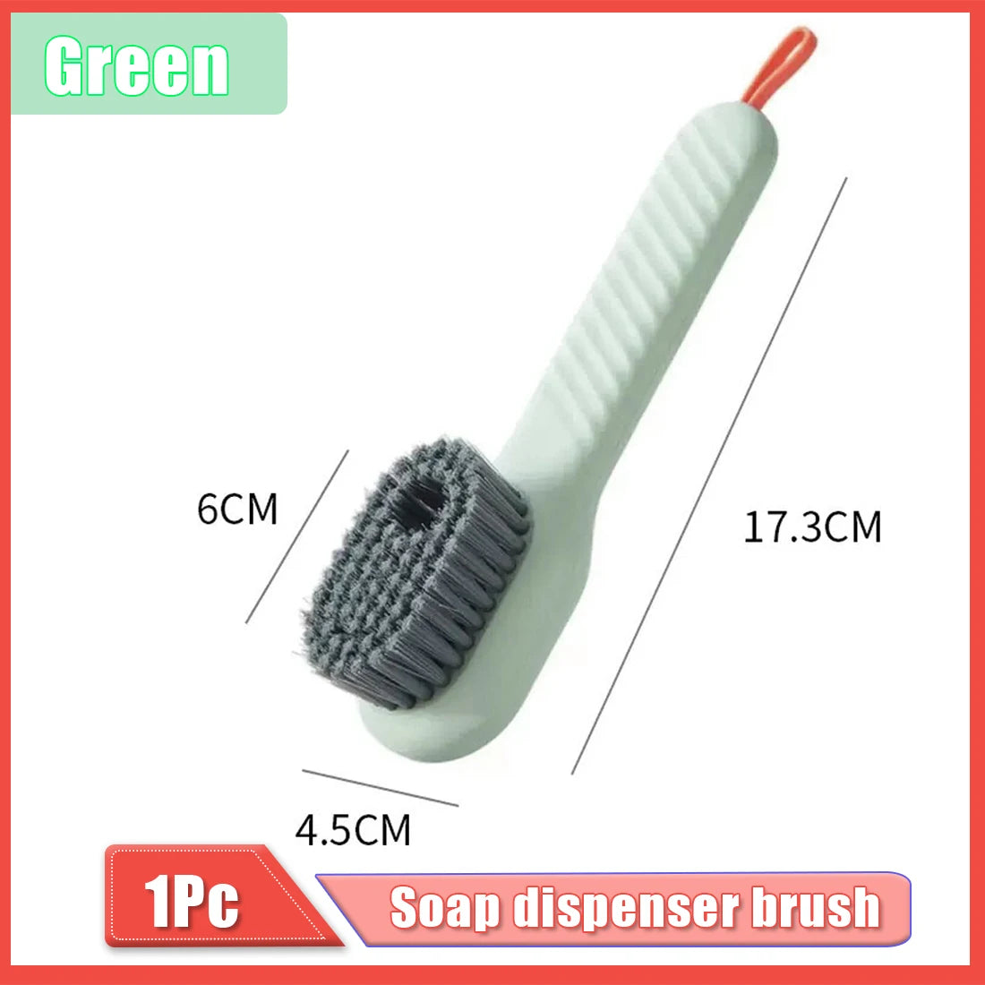 Automatic white soap dispenser brush with soft cleaning bristles and a red handle, suitable for household laundry and shoe cleaning tasks.