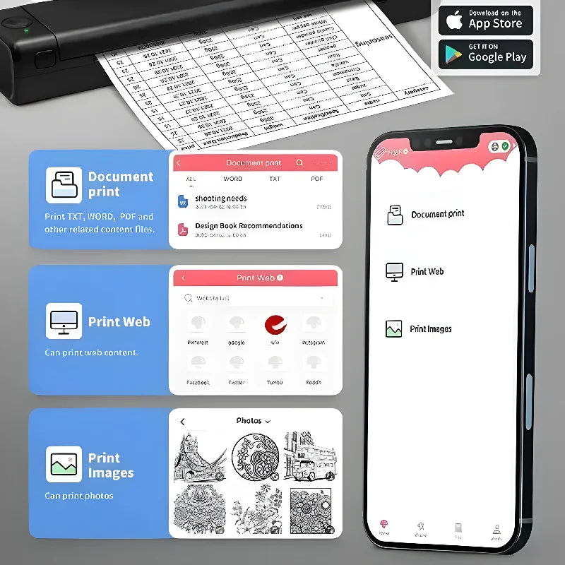 Portable thermal printer and mobile device with document printing options displayed on the screen. The image shows the printer, a table with numerical data, and icons depicting various document printing capabilities for the device.