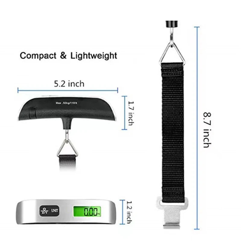 Compact & Lightweight Digital LCD Display Luggage Scale with 110lb/50kg Capacity, Portable Hanging Weighing Tool for Travel Suitcase and Baggage