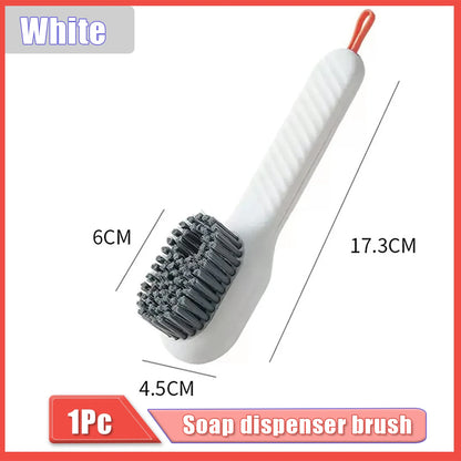 Automatic soap dispenser brush with soft bristles for household laundry and shoe cleaning, white color, 6 cm width, 17.3 cm length, 4.5 cm diameter.