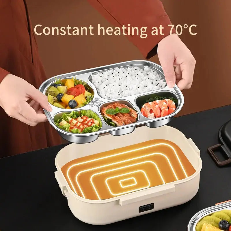 Sleek stainless steel heated lunch box with versatile compartments, maintaining a constant temperature of 70°C for hot, nutritious meals on-the-go.