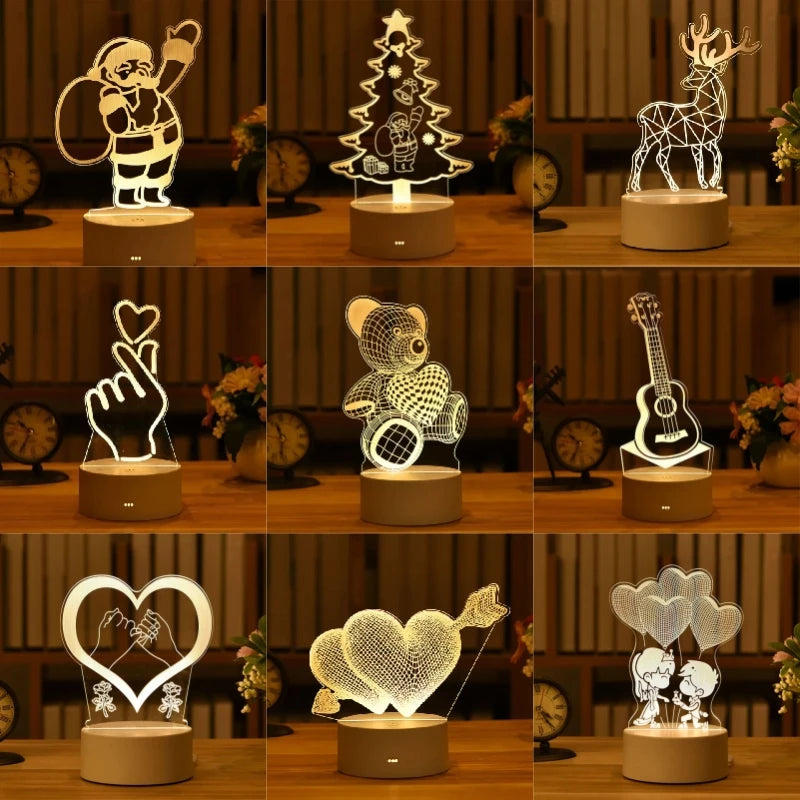 Romantic 3D LED lamps featuring various holiday and love-themed designs, including Santa, Christmas tree, deer, heart, teddy bear, guitar, and couples, displayed on wooden shelves.