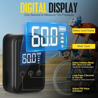 Digital display bicycle tire pump with large digital tire pressure readout, battery level indicator, and mode selection buttons. The pump is being used to inflate a bicycle tire in an outdoor setting.