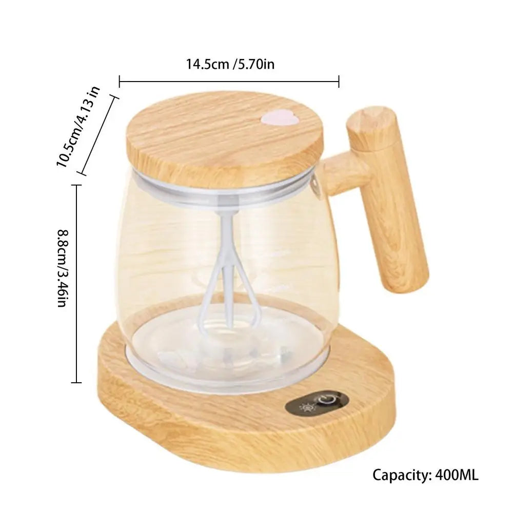 400ml Portable Electric Self Stirring Coffee Mug with Glass Inner and Wooden Base