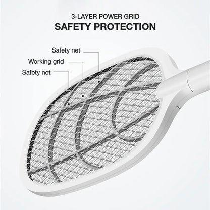 Dual electric racket mosquito zapper with 3-layer power grid safety protection