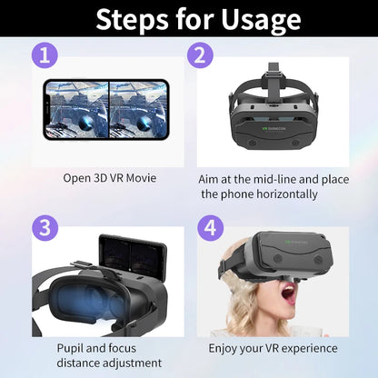 Sleek VR headset with step-by-step usage instructions. Immersive 3D VR movie on a smartphone, aimed and placed horizontally. Pupil and focus distance adjustment. Woman enjoying a thrilling VR experience.