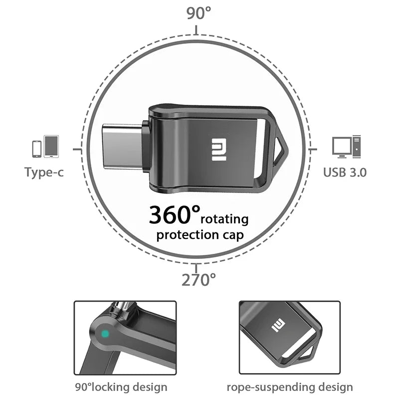 Xiaomi USB drive with 2TB high-speed USB 3.0 and Type-C dual-use interface, featuring a 360-degree rotating protection cap and 90-degree locking design for mobile phones and computers.