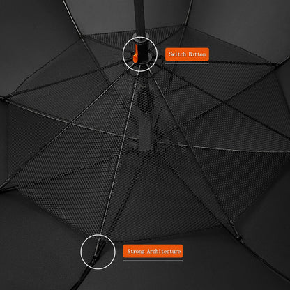 Portable outdoor umbrella with built-in fan and safety mesh, USB rechargeable, sturdy architecture for wind resistance.