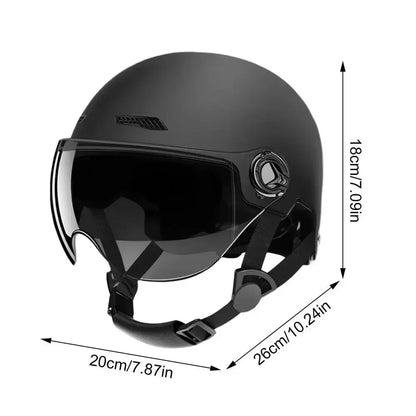 Classic matte black motorcycle helmet with visor, suitable for men and women, ideal for scooters, bikes, and bicycles. Lightweight and durable design for safe and stylish riding.