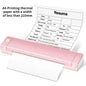 Compact A4 portable thermal printer in pink color, printing a resume document with less than 210mm wide thermal paper.